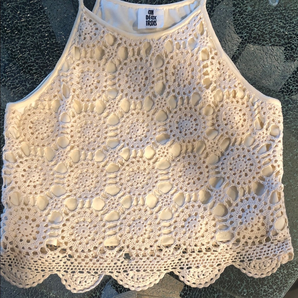 Un Deux Trois Cream Crochet Crop Top